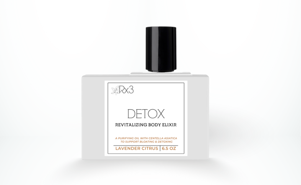 Bottle of Detox Revitalizing Body Elixir by Rx3 on a white background